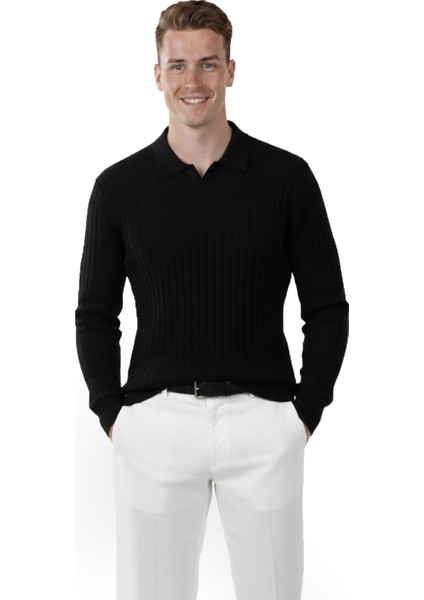 Erkek Siyah Polo Yaka Fitilli Triko Kazak – %100 Pamuk, Esnek Dokulu, Modern Kalıp 2605305 fiyatları