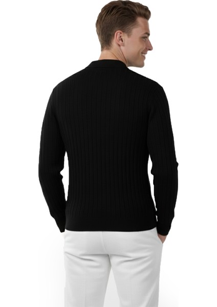 Erkek Siyah Polo Yaka Fitilli Triko Kazak – %100 Pamuk, Esnek Dokulu, Modern Kalıp 2605305 indirimleri