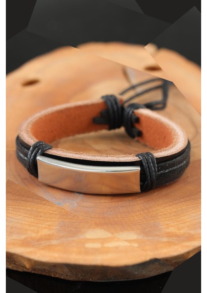 Hediye Takı için Erkek Bileklik Deri Çelik Aksesuarlı Siyah