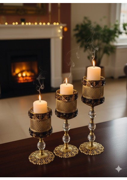 Gold Kristal Mumluk Şamdan Seti (3'lü)