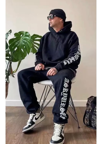 Büyük Beden Özel Tasarım Kapüşonlu Tribal Motto Baskılı %100 Pamuk Kışlık Hip Hop Erkek Eşofman Takımı