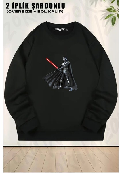 Unisex Star Wars Darth Vader Lightsaber Baskılı Oversize Bisiklet Yaka Sweatshirt
