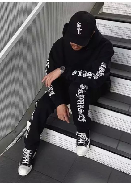 Büyük Beden Özel Tasarım Kapüşonlu Tribal Motto Baskılı %100 Pamuk Kışlık Hip Hop Erkek Eşofman Takımı