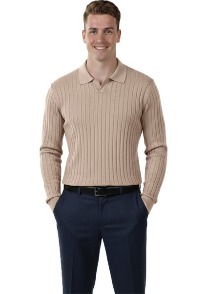 Erkek Bej Polo Yaka Fitilli Triko Kazak – %100 Pamuk, Esnek Dokulu, Modern Kalıp 2605305