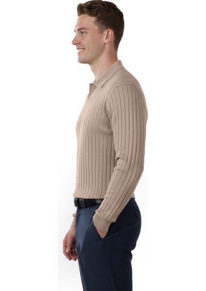 Erkek Bej Polo Yaka Fitilli Triko Kazak – %100 Pamuk, Esnek Dokulu, Modern Kalıp 2605305 fiyatları