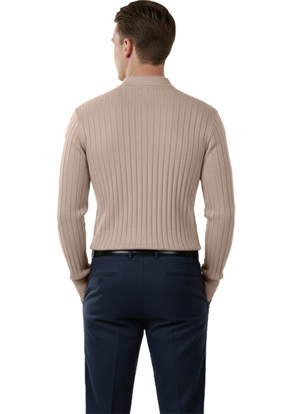 Erkek Bej Polo Yaka Fitilli Triko Kazak – %100 Pamuk, Esnek Dokulu, Modern Kalıp 2605305 fırsatları