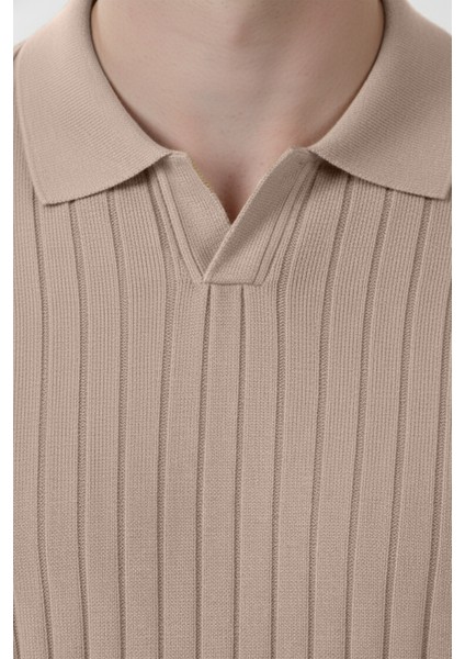 Erkek Bej Polo Yaka Fitilli Triko Kazak – %100 Pamuk, Esnek Dokulu, Modern Kalıp 2605305 indirimleri