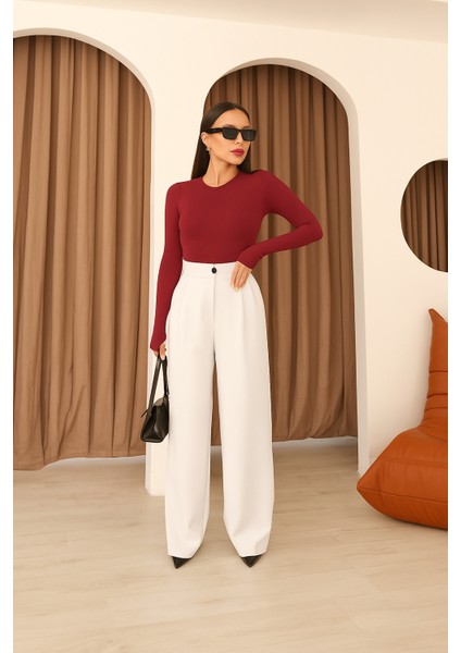 Kadın Beyaz Arkası Lastikli Palazzo Pantolon