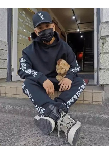 Büyük Beden Özel Tasarım Kapüşonlu Tribal Motto Baskılı %100 Pamuk Kışlık Hip Hop Erkek Eşofman Takımı