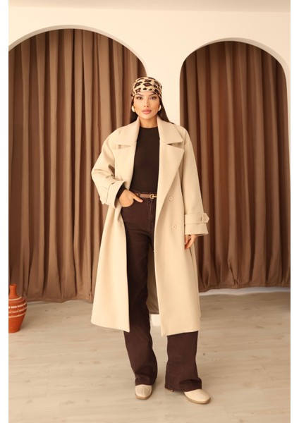 Kadın Taş Kruvaze Oversize Kuşaklı Uzun Kaşe Kaban