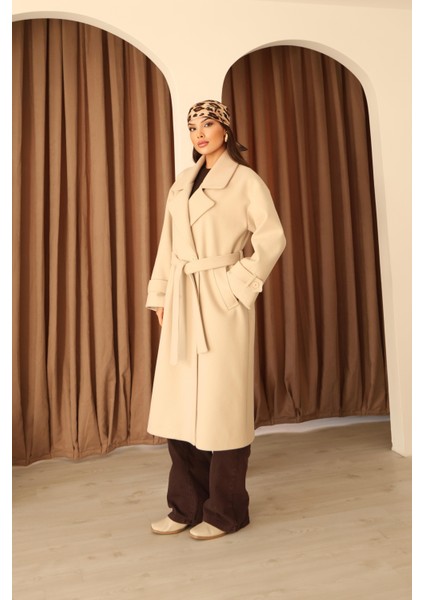 Kadın Taş Kruvaze Oversize Kuşaklı Uzun Kaşe Kaban fırsatları