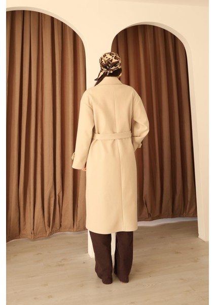 Kadın Taş Kruvaze Oversize Kuşaklı Uzun Kaşe Kaban