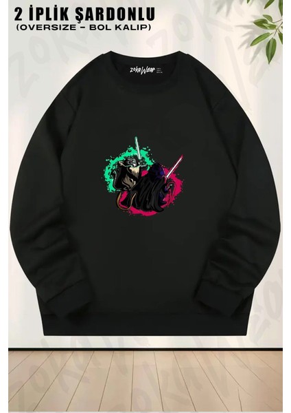 Unisex Star Wars Işın Kılıcı Kedi Baskılı Oversize Bisiklet Yaka Sweatshirt