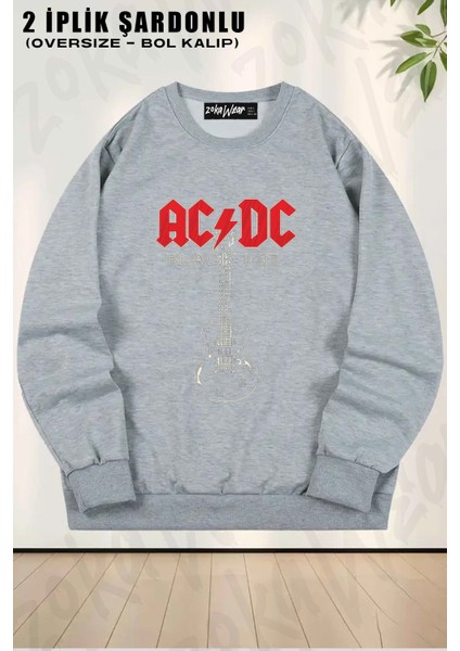 Unisex Ac Dc Black Ice Guitar Baskılı Oversize Bisiklet Yaka Sweatshirt