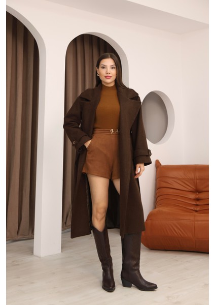 Kadın Kahverengi Kruvaze Oversize Kuşaklı Uzun Kaşe Kaban