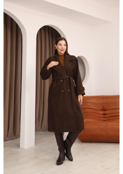 Kadın Kahverengi Kruvaze Oversize Kuşaklı Uzun Kaşe Kaban fiyatları