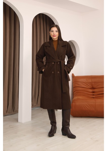 Kadın Kahverengi Kruvaze Oversize Kuşaklı Uzun Kaşe Kaban modelleri