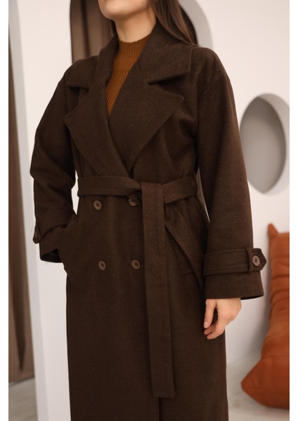 Kadın Kahverengi Kruvaze Oversize Kuşaklı Uzun Kaşe Kaban fırsatları