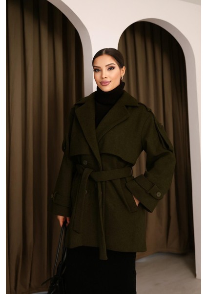 Kadın Haki Kruvaze Oversize Kuşaklı Kaşe Kaban