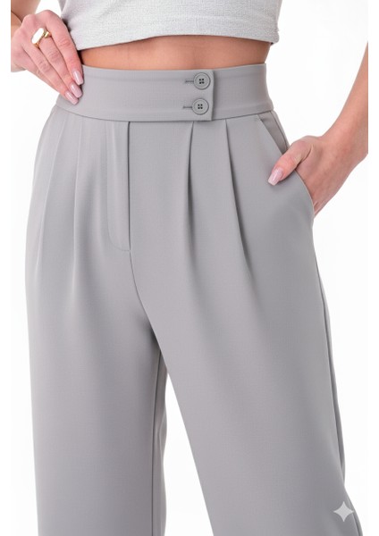 Kadın Gri Çift Düğmeli Palazzo Pantolon