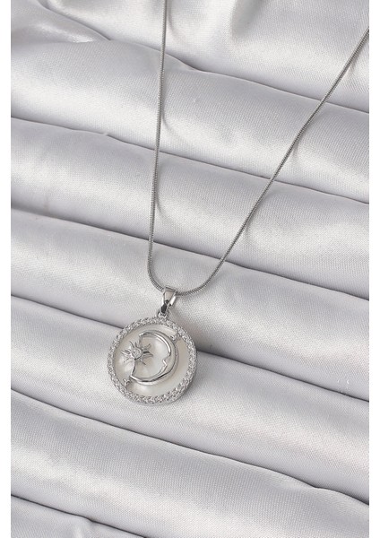 Hediye Takı için Kadın Kolye Çelik Zincir Zirkonlu Ak Sedef Ayyıldızlı modelleri