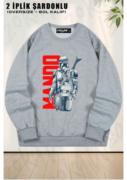 Unisex Star Wars The Mandalorian Baskılı Oversize Bisiklet Yaka Sweatshirt