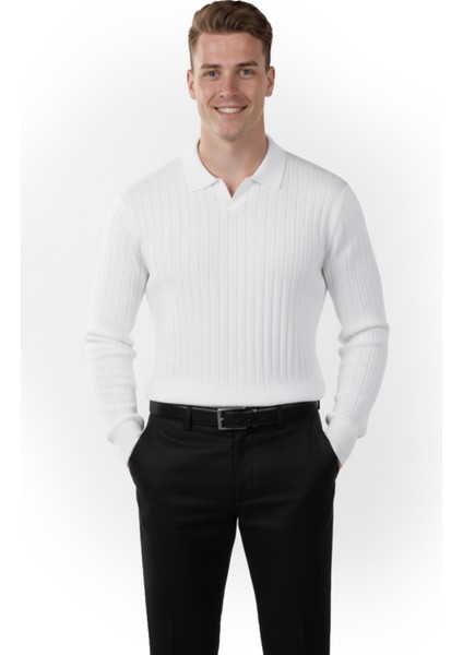 Erkek Beyaz Polo Yaka Fitilli Triko Kazak – %100 Pamuk, Esnek Dokulu, Modern Kalıp 2605305