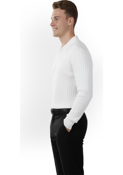 Erkek Beyaz Polo Yaka Fitilli Triko Kazak – %100 Pamuk, Esnek Dokulu, Modern Kalıp 2605305 fiyatları