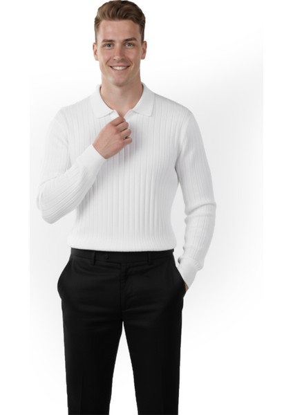 Erkek Beyaz Polo Yaka Fitilli Triko Kazak – %100 Pamuk, Esnek Dokulu, Modern Kalıp 2605305 fırsatları