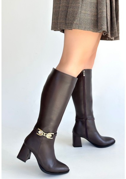 Sivri Burun Yandan Fermuarlı Diz Altı Topuklu Çizme Kahverengi Topuk Boyu 6 cm fiyatları