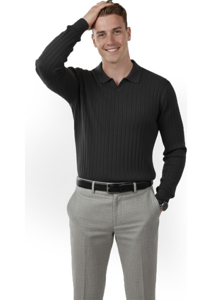Erkek Füme Polo Yaka Fitilli Triko Kazak – %100 Pamuk, Esnek Dokulu, Modern Kalıp 2605305