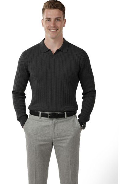 Erkek Füme Polo Yaka Fitilli Triko Kazak – %100 Pamuk, Esnek Dokulu, Modern Kalıp 2605305 fiyatları