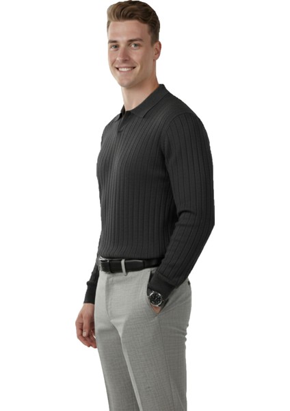 Erkek Füme Polo Yaka Fitilli Triko Kazak – %100 Pamuk, Esnek Dokulu, Modern Kalıp 2605305 fırsatları