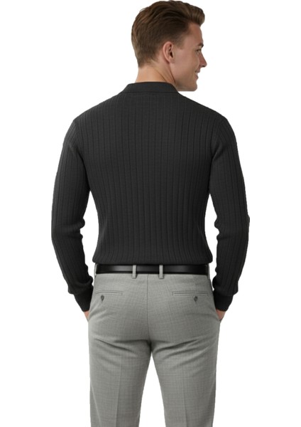 Erkek Füme Polo Yaka Fitilli Triko Kazak – %100 Pamuk, Esnek Dokulu, Modern Kalıp 2605305 indirimleri