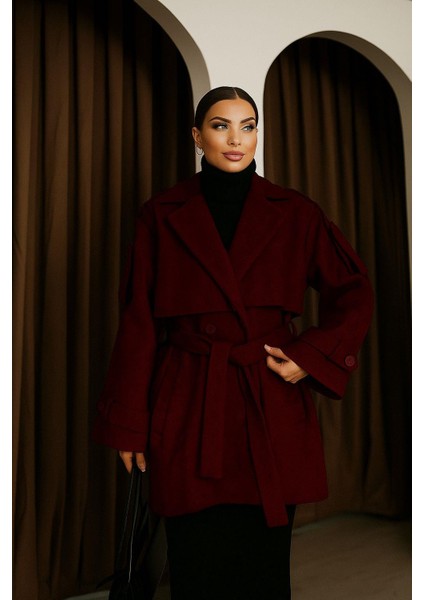 Kadın Bordo Kruvaze Oversize Kuşaklı Kaşe Kaban