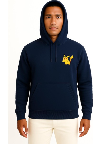 Kapüşonlu Pikachu Cep Baskılı Unisex Sweatshirt