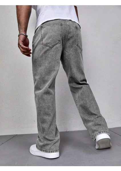 Erkek Gri Asit Yıkamalı Baggy Kot Pantolon Rahat Kesim Oversize Günlük Jean