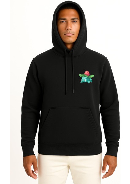 Kapüşonlu Bulbasaur Cep Baskılı Unisex Sweatshirt