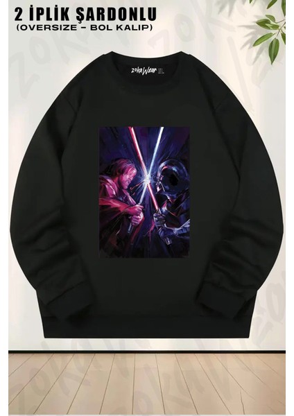 Unisex Star Wars (Dart Vader) X2 Baskılı Oversize Bisiklet Yaka Sweatshirt