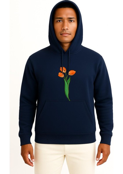 Kapüşonlu Hollanda Lale Göğüs Baskılı Unisex Sweatshirt