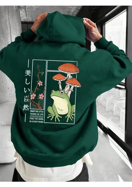 Punıx Büyük Beden Özel Tasarım Kapüşonlu Kurbağa Mantarlar Sırt Baskılı Oversize Erkek Sweatshırt