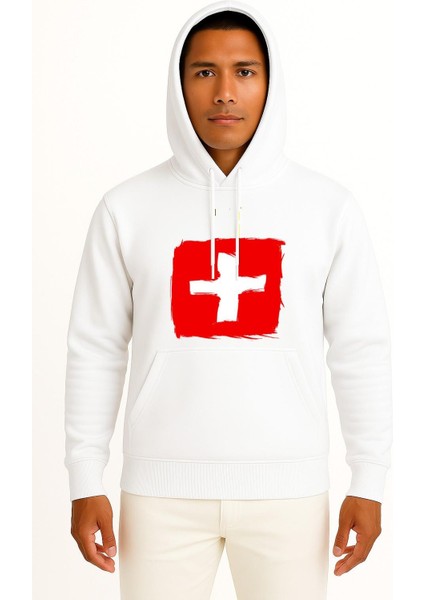 Kapüşonlu Isviçre Bayrağı Göğüs Baskılı Unisex Sweatshirt