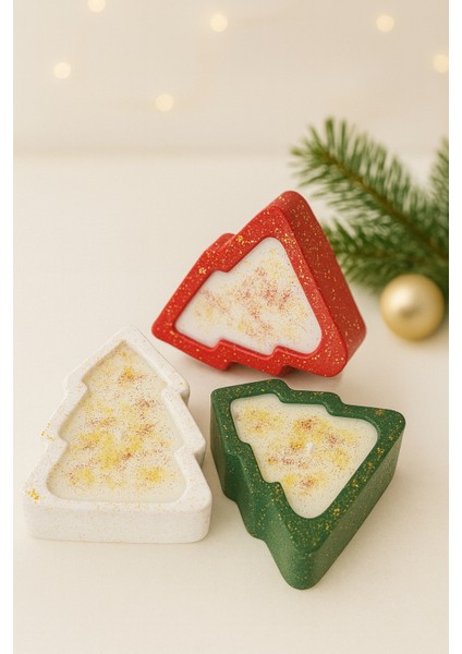 Çam Ağacı Şeklinde 3’lü Soya Wax Mum Seti – Sedir Ağacı Kokulu, Seramik Tozu Döküm El Boyaması