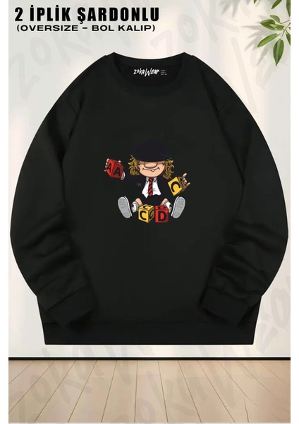 Unisex Ac Dc Game Baskılı Oversize Bisiklet Yaka Sweatshirt