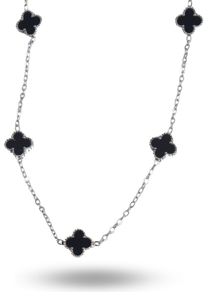 Hediye Takı için Kadın Kolye Silver Çelik Mini Siyah Mineli Yonca fiyatları