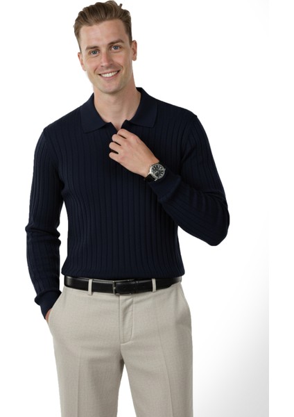 Erkek Lacivert Polo Yaka Fitilli Triko Kazak – %100 Pamuk, Esnek Dokulu, Modern Kalıp 2605305