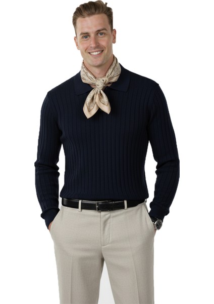 Erkek Lacivert Polo Yaka Fitilli Triko Kazak – %100 Pamuk, Esnek Dokulu, Modern Kalıp 2605305 fiyatları