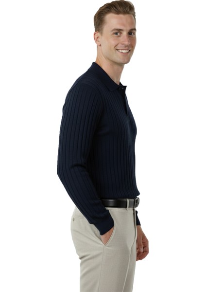 Erkek Lacivert Polo Yaka Fitilli Triko Kazak – %100 Pamuk, Esnek Dokulu, Modern Kalıp 2605305 fırsatları