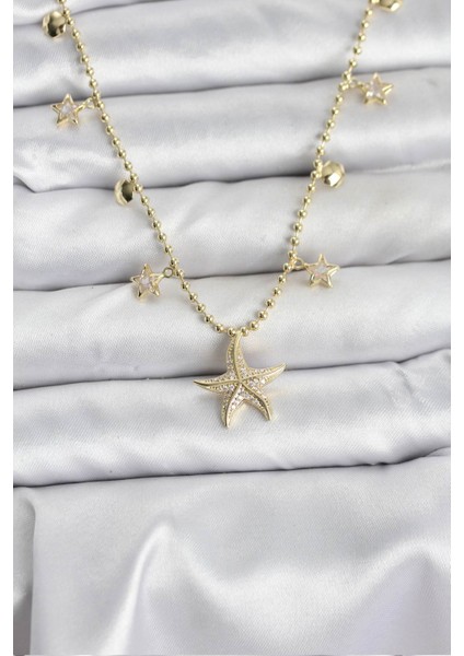 Kadın için Kolye Sarı Pirinç Zirkonlu Deniz Yıldızı