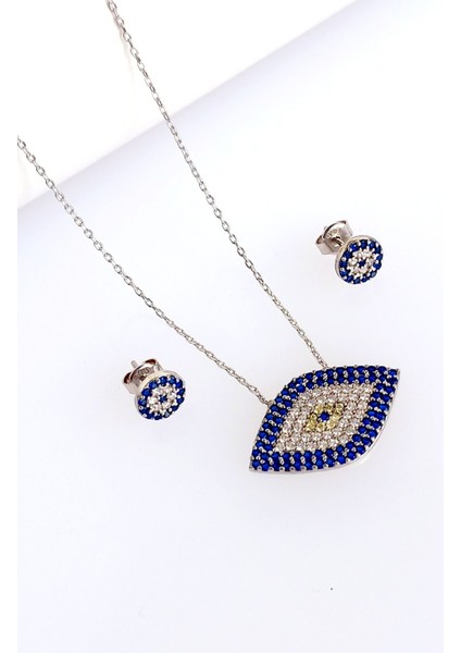 925 Ayar Gümüş Mavi Nazar Boncuk Kolye Küpe Kadın Set